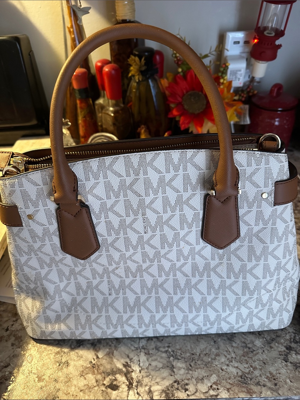 Michael Kors White Signature MK Canvas Satchel with Brown Trim